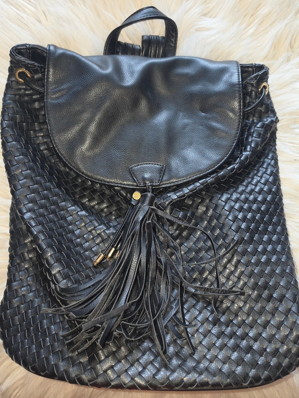 Deux Lux Black Woven Backpack Tassel Gold Hardware Boho Bag
